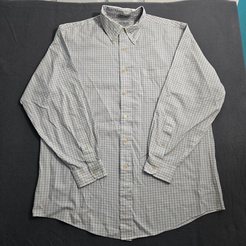 L.L. Bean Men 33 White Check Long Sleeve Button Down Shirt Single Needle Tailor